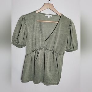 Glo Fashio M Green V-Neck Polyester Blouse Babydoll Tee Puff Sleeve